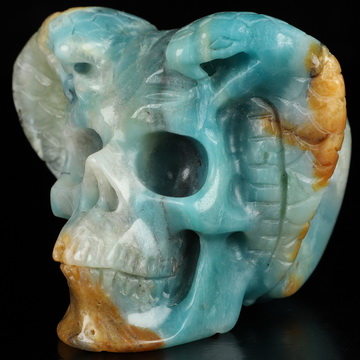 3.7" Chinese Amazonite Hand Carved Crystal Double Cobras Skull Sculpture, Crystal Healing