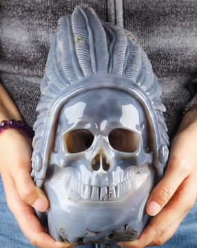 9.6" Agate Amethyst Geode Hand Carved Crystal Indian Skull Sculpture, Crystal Healing