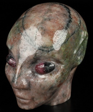 3.3" Chinese Garnet Hand Carved Fairy Elf Alien Crystal Skull Companion with Ruby Eyes, Hand Carved Gemstone Fine Art Sculpture, Reiki Healing Stone Statue