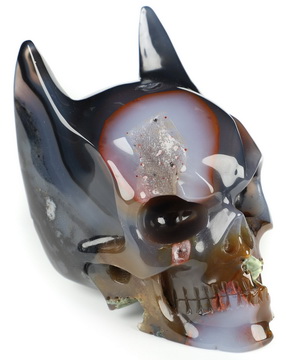 3.7" Premium Brazilian Agate Hand Carved Batman Crystal Skull Fine Art Sculpture, Crystal Healing