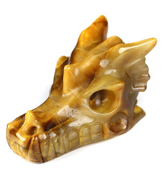 2.0" Gold Tiger's Eye Hand Carved Crystal Dragon Skull Sculpture, Crystal Healing