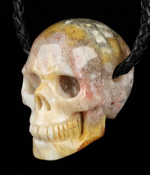 Necklace of 2.0" Coral Fossil Hand Carved Crystal Skull Pendant, Skull Jewelry