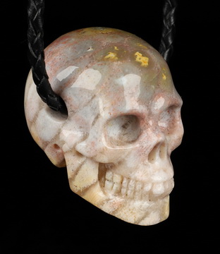 Necklace of 2.0" Coral Fossil Hand Carved Crystal Skull Pendant, Skull Jewelry