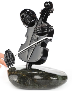 8.5" Black Obsidian Carved Crystal Skull and Cello with Labradorite Stand