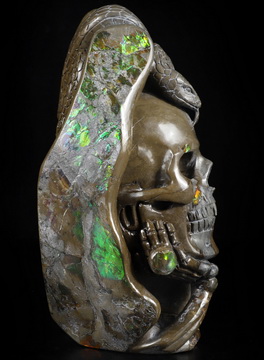 6.9" Ammolite Hand Carved Crystal Skull and Snake Sculpture, Crystal Healing