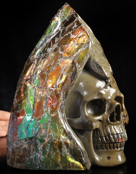 6.8" Ammolite Hand Carved Crystal Skull and Snake Sculpture, Crystal Healing