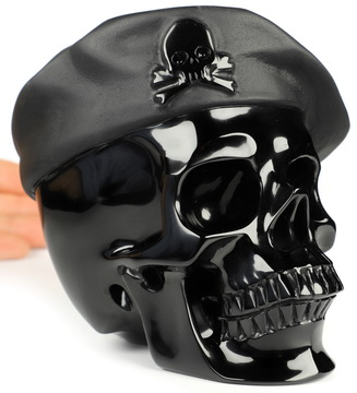 5.5" Black Obsidian Hand Carved Crystal Beret Skull Sculpture, Crystal Healing