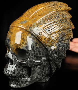 6.1" Chinese Leopard Skin Jasper Hand Carved Crystal Indian Skull Sculpture, Crystal Healing