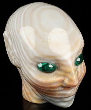 3.5" Zebra Jasper Hand Carved Fairy Elf Alien Crystal Skull Companion with Malachite Eyes, Hand Carved Gemstone Fine Art Sculpture, Reiki Healing Stone Statue