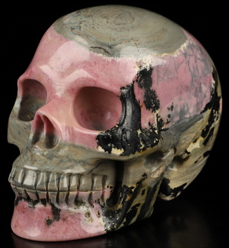 3.9" Pink & Black Rhodonite Hand Carved Crystal Skull, Realistic, Crystal Healing