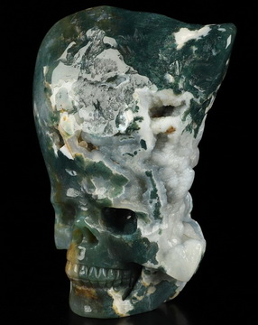 4.1" Green Moss Agate Hand Carved Crystal Skull Fine Art Sculpture, Crystal Healing