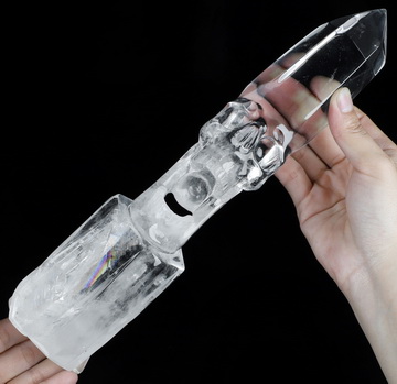 11.9" Quartz Rock Crystal Hand Carved Crystal Skull Wand/Point Sculpture, Crystal Healing