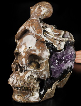 7.3" Dinosaur Egg Agate Amethyst Geode Hand Carved Crystal Skull and Octopus Sculpture, Crystal Healing