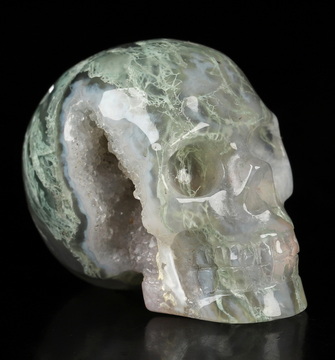 1.1" Green Moss Agate Geode Hand Carved Crystal Skull, Realistic, Crystal Healing
