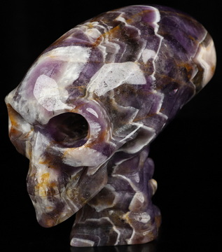 4.9" Dream Chevron Amethyst Hand Carved Crystal Elongated Mayan Alien Skull with Spine Sculpture, Crystal Healing