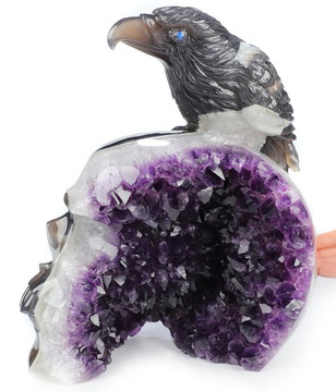 8.2" Agate Amethyst Geode Hand Carved Crystal Skull and Eagle Fine Art Sculpture, Crystal Healing