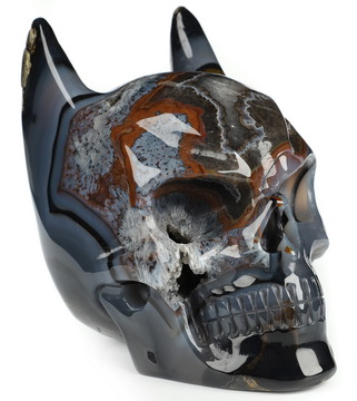 5.0" Premium Brazilian Agate Hand Carved Batman Crystal Skull Fine Art Sculpture, Crystal Healing