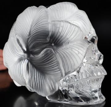 5.9" K9 Crystal Hand Carved Crystal Skull and Flower Fine Art Sculpture, Crystal Healing