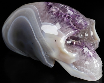 6.1" Agate Amethyst Geode Hand Carved Crystal Elongated Mayan Alien Skull Sculpture, Crystal Healing