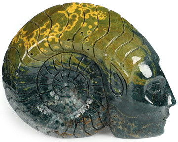 5.0" Ocean Jasper Hand Carved Fairy Elf Alien Ammonite Crystal Skull Companion Sculpture, Crystal Healing