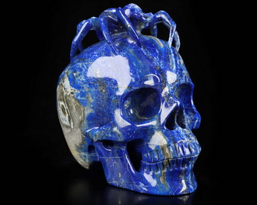 Gemstone 5.0" Lapis Lazuli Hand Carved Crystal Skull and Spider Fine Art Sculpture, Crystal Healing