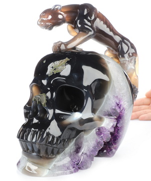 8.0" Agate Amethyst Geode Hand Carved Crystal Skull and Leopard Fine Art Sculpture, Crystal Healing