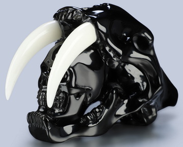 5.1" Black Obsidian Hand Carved Crystal Smilodon SABER-TOOTHED Tiger/Cat Skull and White Jade Tooth Sculpture