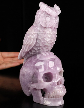 Gemstone 6.2" Kunzite Hand Carved Crystal Skull and Owl Sculpture, Crystal Healing