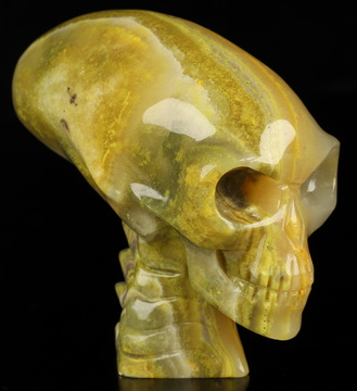Gemstone 3.5" Bumble Bee Jasper Hand Carved Crystal Elongated Mayan Alien Skull with Spine Sculpture, Crystal Healing