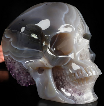 Lifesized 6.5" Agate Amethyst Geode Hand Carved Crystal Skull, Super Realistic, Crystal Healing