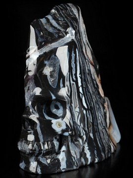 4.7" Black Zebra Agate Hand Carved Crystal Skull Fine Art Sculpture, Crystal Healing