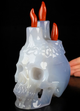 6.9" Blue Chalcedony Hand Carved Crystal Skull and Candle, Crystal Healing