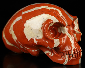 5.9" Red Jasper Hand Carved Crystal Elongated Mayan Alien Skull Sculpture, Crystal Healing