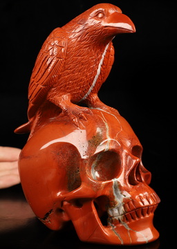 6.4" Red Jasper Hand Carved Crystal Skull and Raven Sculpture, Crystal Healing