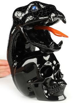 6.4" Black Obsidian Hand Carved Crystal Skull and Snake with Red Jasper Tongue, Crystal Healing