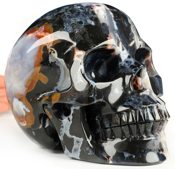 Lifesized 6.1" Black Zebra Agate Hand Carved Crystal Skull, Realistic, Crystal Healing
