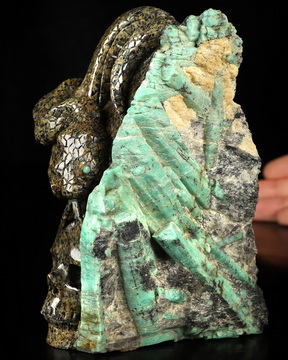 Gemstone 5.3" Emerald Hand Carved Crystal Skull and Snake Fine Art Sculpture, Crystal Healing