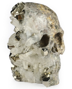 4.3" Pyrite and Quartz Hand Carved Crystal Skull Fine Art Sculpture, Crystal Healing