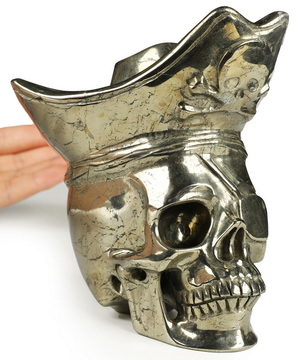 5.5" Pyrite Hand Carved Pirate Crystal Skull Sculpture, Crystal Healing