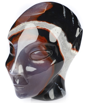 4.1" Black Zebra Agate Hand Carved Fairy Elf Alien Crystal Skull Companion Sculpture, Crystal Healing