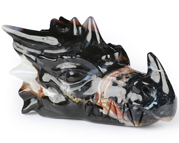 5.7" Black Zebra Agate Hand Carved Crystal Dragon Head Skull Sculpture, Crystal Healing