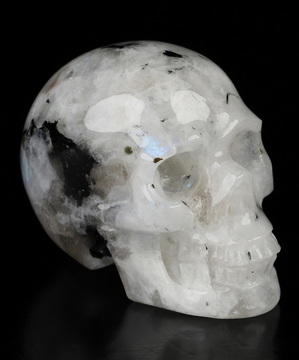 1.5" Black Tourmaline and Moonstone Hand Carved Crystal Skull, Realistic, Crystal Healing