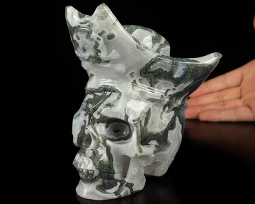 5.5" Green Moss Agate Hand Carved Pirate Crystal Skull Sculpture, Crystal Healing