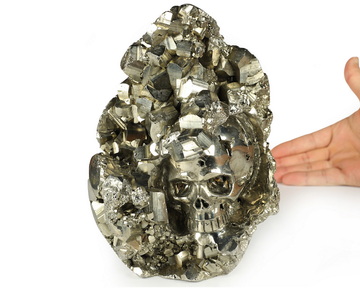 6.9" Pyrite Druse Hand Carved Crystal Skull Fine Art Sculpture, Crystal Healing