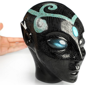 5.8" Black Obsidian and Turquoise Inlay Hand Carved Fairy Elf Alien Crystal Skull Companion With Labradorite Eyes, Hand Carved Gemstone Fine Art Sculpture, Reiki Healing Stone Statue