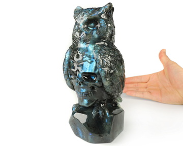 7.9" Flash Labradorite Hand Carved Crystal Skull and Owl Sculpture, Crystal Healing