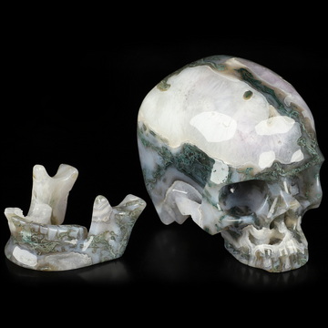 6.0" Green Moss Agate Geode Hand Carved Crystal Detachable Skull Sculpture, Crystal Healing