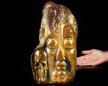 10.0" Carnelian Hand Carved Crystal Skull and Kwan-Yin Fine Art Sculpture, Crystal Healing