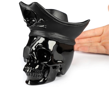 5.3" Black Obsidian Hand Carved Pirate Crystal Skull Sculpture, Crystal Healing