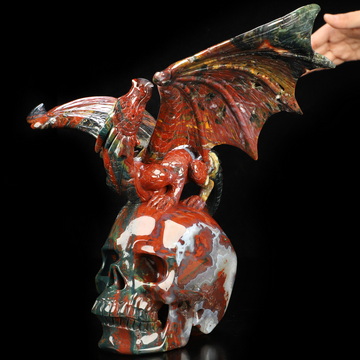 7.5" Bloodstone Hand Carved Crystal Skull and Dragon Fine Art Sculpture, Detachable Wings